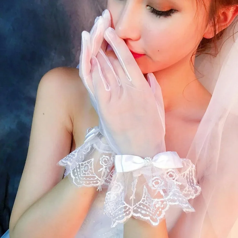Women's Formal Floral Short Length Lace Wrist Bow Gloves Cream Wedding Costume